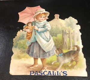 PASCALL'S ADVERTISEMENT  TRADE CARD YOUNG GIRL CAT AND DOLL EMBOSSED C1900-1910 - Picture 1 of 2