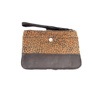 Lands End Leopard Wristlet Handbag Women Small Canvas Zipper Pouch Purse Bag - Picture 1 of 8