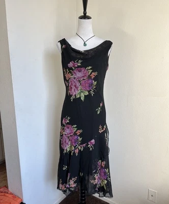 Vintage 90s/Y2k Black Cowl Neck Midi Floral Dress Size L Fairy/Whimsygoth - Image 1 of 4