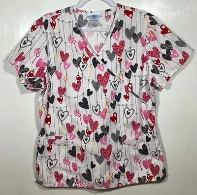 Valentines Scrub Top womens size M medium Hanging Hearts Keys red pink gray - Image 1 of 3