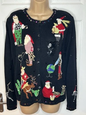 Susan Bristol Hand Embroidered Cowboy Santa Christmas Cardigan M Vintage Y2K - Image 1 of 4