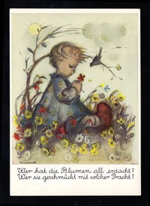 Hummel-AK 5220: Sitzendes Kind auf der Wiese Blumen Vogel, SCHWABACH 26.5.1970 - Bild 1 von 2