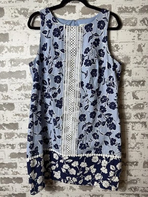 Eliza J Dress Womens 16 Blue Floral Shift Sleeveless Lace Trim Lined Knee Length - Image 1 of 4