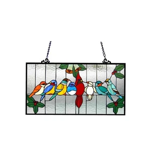 Tiffany-Glass Gathering Birds Window Panel 24.5x12.5 - Picture 1 of 4