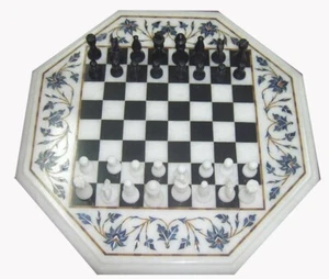 12" Marble Chess Game Table – Handmade Semi-Precious Stone Inlay, Floral Designs - Picture 1 of 3
