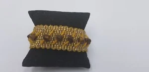 Vintage Gold Color Beaded Mesh Bracelet W/ Small Shell Like Accents & Toggle - Picture 1 of 9