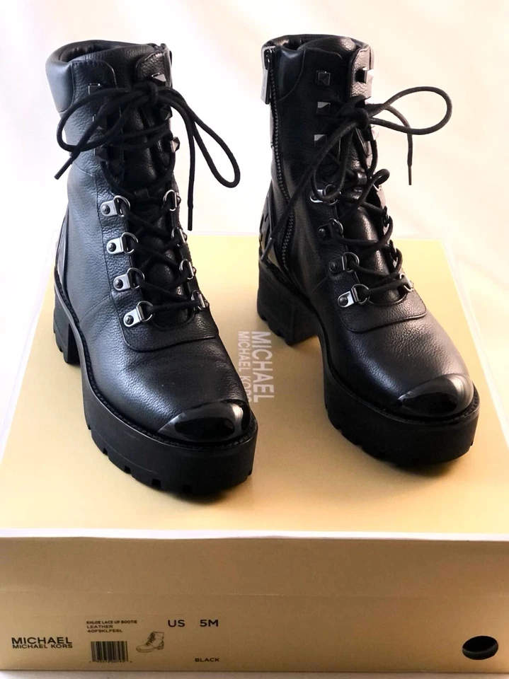 Michael Kors Khloe Boot Women Black Real Leather Combat Lace Up Zip 5 Worn Once - Image 1 of 4