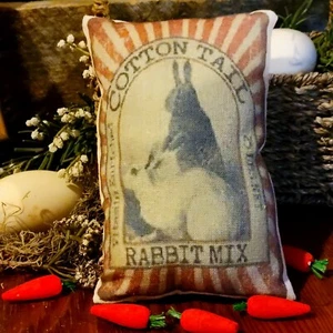 Primitive Farmhouse Cottontail Rabbit Feedsack  Tuck Pillow Peg/Door Hanger - Picture 1 of 1