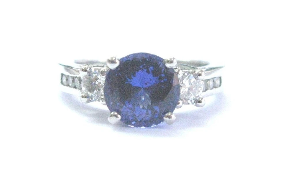Anillo de compromiso de tres piedras con diamantes de tanzanita gema de platino 2,44 quilates Foto 1 de 4
