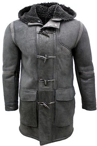 Men's Black New Winter Sheepskin Leather Hooded Duffle Coat - Picture 1 of 9