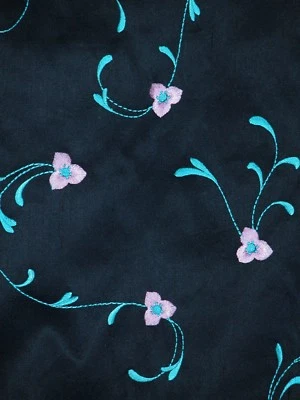 100% Silk Embroidered Taffeta Green Pink on Navy Blue Per Yard - Image 1 of 2
