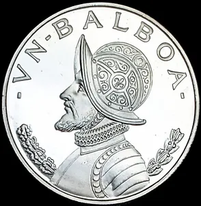 1973 PANAMA Large Silver CONQUISTADOR Antique Proof Silver BALBOA Coin # 0588 - Picture 1 of 2