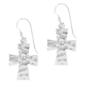 925 Silver Hammered Cross Dangle Earrings - Picture 1 of 1