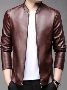 Men's Sleek Trendy Faux Leather Full Zip Burgundy Jacket Moto Bomber Jacket - Picture 1 of 15