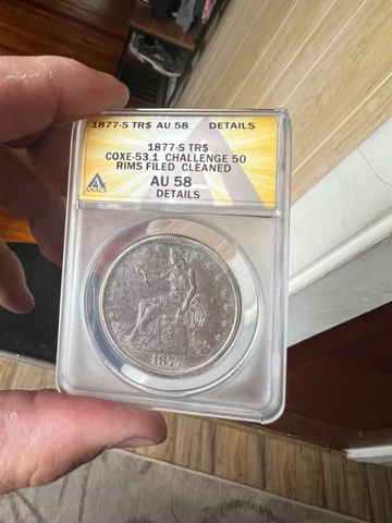 🔥 TRADE DOLLAR CHALLANGE COXE 1877S Trade Dollar - anacs au58 details Cover