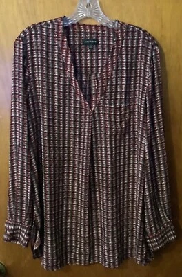 Lord & Taylor Blouse Tunic Large Red Black White Gray Print Free Ship - Image 1 of 3