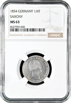 Saxony 1/6 thaler 1854 F, NGC MS63, "Death of King Friedrich August II" Pop 2/2 - Image 1 of 2