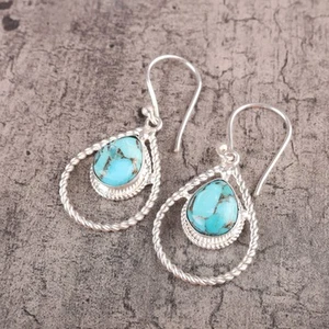 Pear Genuine Blue Copper Turquoise 925 Silver Drop Dangle Engagement Earrings - Picture 1 of 8
