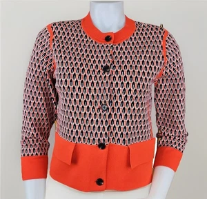 Ann Taylor Retro Geo Print Sweater Womens Small Coral 3/4 Sleeve Jacket Cardigan - Picture 1 of 11