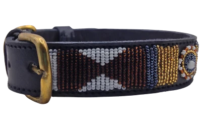 Beaded Leather Dog Collar&Leash Africa Maasai Brown/Gold Custom Pet Name XXS-XXL - Image 1 of 4