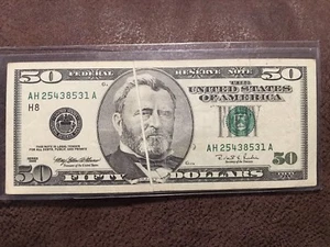 1996 $50 DOLLAR BILL WITH FACE GUTTER FOLD ERROR FED. NOTE - Picture 1 of 2