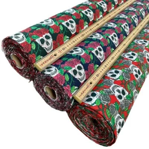 Halloween Polycotton Fabric Skull Roses Dress Craft Quilting Material 44" Meter - Picture 1 of 19