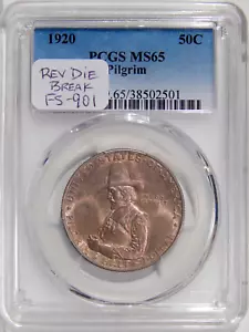 1920 PILGRIM PCGS MS 65 FS-901 REV DIE BREAK ~ COMMEMORATIVE HALF DOLLAR VARIETY - Picture 1 of 3