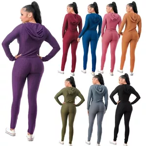 Women Textured Hoodie Top and Yoga Leggings Pants Gym 2 PC Workout Set Tracksuit - Picture 1 of 57