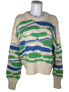 Aerie Intarsia Women Blue Green Oversize Relaxed Chunk Knit Sweater Size Small