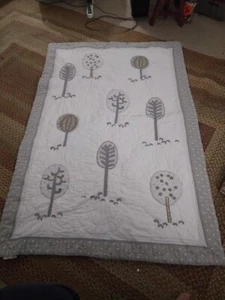 Pottery Barn Kids Quilt Grey White Poka Dots Trees Stitched EUC Nature  - Picture 1 of 7