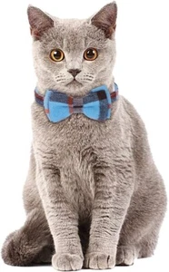 Cat Collar with Cute Bow Tie and Bell Breakaway Plaid Shirt Collar - Picture 1 of 14