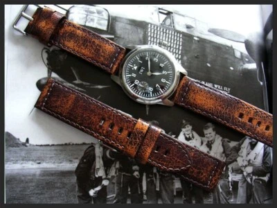 20mm Distressed Aged Brown leather Military chrono Pilot watchband IW SUISSE usa - Image 1 of 4