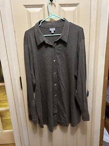 All Cotton Knit Jersey Brown Button Down Shirt Blouse Tunic J.Jill 2X - Picture 1 of 9