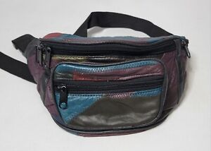 VTG Leather Patchwork Fanny Pack Waist Bag Buckle Sling Belt Purse 5 Zip Pockets