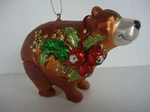 Vidrio Marrón Oso Pardo Adorno Bayas de Acebo Navidad Figura Adorno 3.5 " - Imagen 1 de 8