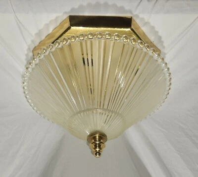 Art Deco Glass Light Fixture Semi Flush Mount Gold Brass Antique Original Shade - Image 1 of 4