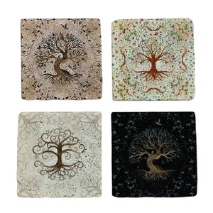 Set of 4 Sacred Roots Coaster Decorative Travertine Tile Art for Home or Gift - Picture 1 of 9