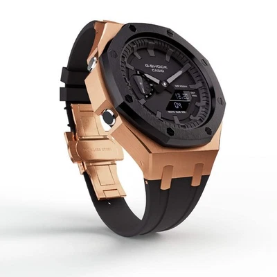 Casioak Mod Custom Watch Casio G-Shock GA-2100 Rose Gold Black Bezel Band GA2100 - Image 1 of 4