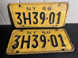 1948 New York NY License Plate Matching Set Rustic Patina 3H39-01 Yellow Black - Picture 1 of 18