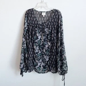 Knox Rose Size L Dark Floral Neck Tie Long Sleeve Lined Blouse Boho - Picture 1 of 8