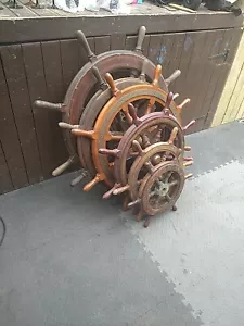 6 antike Schiffe Lenkrad Helm Holz & Messing - Bild 1 von 24