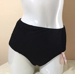 VICTORIAS SECRET SWIM BLACK SMOCKED HIGH WAIST XSmall BIKINI BOTTOM NWT (E598) - Picture 1 of 2