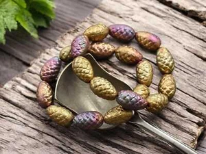 13x8mm Metallic Rainbow Raku Czech Glass Pine Cone Beads - 10 Beads - Picture 1 of 4