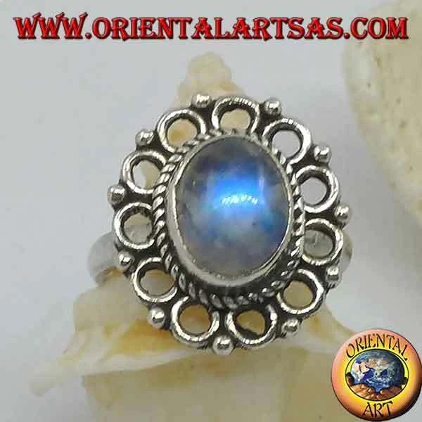 Anello in Argento 925‰ pietra di luna arcobaleno ovale e bordo di cerchietti - Immagine 1 di 1