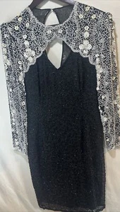 RARE- NITELINE Black White heavily beaded & sequins long sleeve 100% silk Sz 8 - Picture 1 of 8