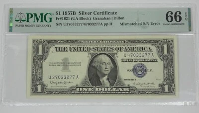S/N ERROR Series 1957-B Blue Seal $1 Silver Cert Note PMG 66 Gem Unc EPQ Fr#1621 - Image 1 of 4