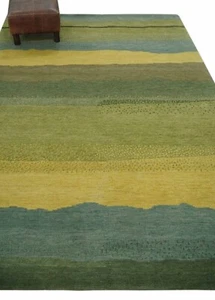 Hand knotted 6X8 Green, gold, teal modern stripes design wool area rug -DD/OC119 - Picture 1 of 10
