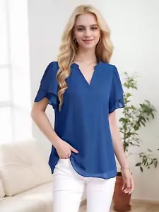 Women's Short Sleeve Blouses Dressy Casual Ruffle Puff Petal Tops V Neck Chiffon - Picture 1 of 14
