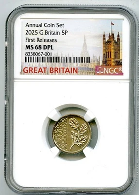 2025 GREAT BRITAIN 5P UNC NGC MS68 DPL OAK LEAF 5 PENCE FIRST RELEASES - Image 1 of 2