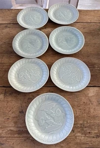 SEVEN Longquan Koi Fish and Lotus Celadon Green 7 Inch Salad / Dessert Plates - Picture 1 of 5